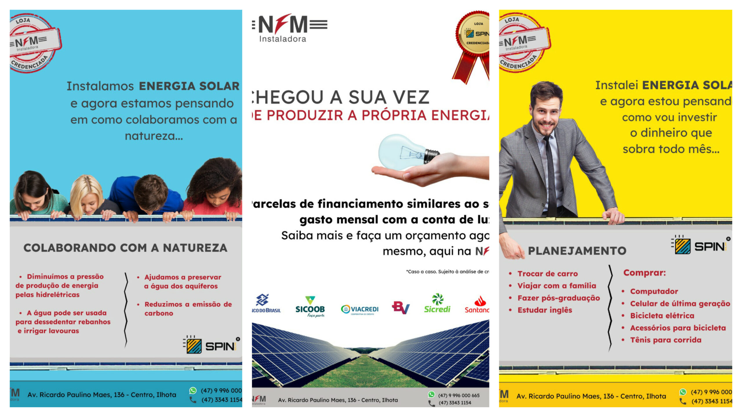 três panfletos publicitários de energia solar